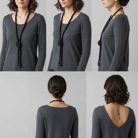 Gray Long Sleeve Top with Black Beaded Necklace